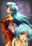  1girl aqua_hair bare_shoulders blue_hair bodysuit breasts covered_navel facial_tattoo gloves ishtar_(macross) long_hair looking_at_viewer macross macross_2 mardook medium_breasts open_mouth retro_artstyle science_fiction smile solo space tattoo tomo5656ky 