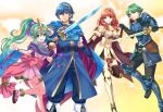  2boys 2girls :d alm_(fire_emblem) armor black_thighhighs blue_eyes blue_footwear blue_hair blush bracelet cape celica_(fire_emblem) dress earrings falchion_(fire_emblem) fingerless_gloves fire_emblem fire_emblem:_mystery_of_the_emblem fire_emblem:_shadow_dragon_and_the_blade_of_light fire_emblem_echoes:_shadows_of_valentia gloves green_eyes green_hair hair_ornament headband highres holding holding_sword holding_weapon jewelry kakiko210 long_hair looking_at_viewer marth_(fire_emblem) multiple_boys multiple_girls open_mouth pink_dress pointy_ears ponytail red_eyes red_hair ribbon short_dress simple_background smile sword thighhighs tiara tiki_(fire_emblem) tiki_(young)_(fire_emblem) weapon white_footwear 