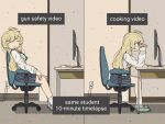  1girl blonde_hair chair closed_eyes grey_skirt highres keyboard_(computer) long_hair meme monitor mouse_(computer) office_chair open_mouth own_hands_clasped own_hands_together parisetya pleated_skirt sailor same_student_timelapse_(meme) shoes shoujo_shuumatsu_ryokou skirt sleeping smile socks swivel_chair white_socks yuuri_(shoujo_shuumatsu_ryokou) 