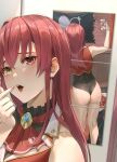  1girl ass breasts cellphone cropped_jacket heterochromia highres holding holding_phone hololive houshou_marine houshou_marine_(1st_costume) jacket large_breasts leotard leotard_under_clothes long_hair looking_at_viewer mirror open_mouth phone red_eyes red_hair red_jacket reflection see-through see-through_leotard selfie sleeveless sleeveless_jacket solo tight_(ohmygod) virtual_youtuber yellow_eyes 