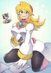  1boy 1girl alia_(mega_man) arm_support black_pantyhose blonde_hair blue_eyes blush breasts gate_(mega_man) highres large_breasts long_hair long_sleeves looking_at_viewer mega_man_(series) mega_man_x_(series) open_mouth pantyhose seiza sitting tobitori 