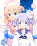  2girls angel_wings angora_rabbit animal blue_eyes blue_hair blue_halo blue_wings blush dress feathered_wings gochuumon_wa_usagi_desu_ka? halo highres hoto_cocoa jacket kafuu_chino long_hair long_sleeves looking_at_viewer multiple_girls open_clothes open_jacket open_mouth orange_hair parted_lips pink_halo pink_jacket purple_eyes rabbit ryoutan short_hair side_ponytail smile tippy_(gochiusa) twintails white_dress white_wings wings yellow_halo 