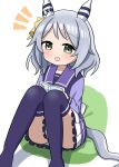  1girl :d animal_ears blush convenient_leg ear_covers feet_out_of_frame grey_eyes grey_hair hishi_miracle_(umamusume) horse_ears horse_girl long_sleeves medium_hair pleated_skirt purple_serafuku purple_shirt purple_skirt purple_thighhighs sailor_collar sailor_shirt school_uniform serafuku shein shirt simple_background sitting skirt smile solo swept_bangs thighhighs tracen_school_uniform umamusume white_background 