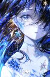  1girl blue_eyes blue_hair close-up crescent crescent_earrings crescent_moon dangle_earrings earrings hair_over_one_eye hyatsu jewelry long_hair looking_to_the_side moon original pale_skin parted_lips personification portrait sidelighting signature twitter_username 