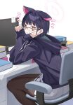  1girl animal_ears black_hair black_jacket blue_archive book cat_ears chair desk glasses green_shirt halo highres jacket kazusa_(blue_archive) monitor office_chair pantyhose pink_halo red_eyes shirt short_hair skirt sticky_note swivel_chair tamago_(eva1314056) white_skirt 