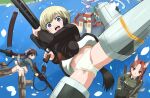 3girls animal_ears ass blonde_hair blue_eyes blush breasts brown_hair castle closed_mouth crotch dog_ears dog_girl dog_tail erica_hartmann flying gertrud_barkhorn gun holding holding_weapon hosoinogarou island long_hair looking_at_viewer looking_back military_uniform minna-dietlinde_wilcke multiple_girls navel open_mouth orange_eyes outdoors panties red_hair rifle short_hair small_breasts smile spread_legs strike_witches striker_unit tail thighs twintails underwear uniform weapon white_panties world_witches_series 