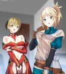  2girls absurdres blonde_hair blush blush_stickers braid breasts cleavage cosplay costume_switch english_commentary fate/grand_order fate_(series) french_braid gareth_(fate) gareth_(fate)_(cosplay) gloves green_eyes hair_between_eyes hair_flaps hair_ornament hair_scrunchie highres medium_breasts mordred_(fate) mordred_(fate/apocrypha) mordred_(fate/apocrypha)_(cosplay) multiple_girls navel okamired open_mouth red_scrunchie scrunchie short_hair siblings sidelocks sisters 