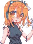  1girl a.i._voice absurdres adachi_rei android bare_shoulders black_shirt breasts cable commentary_request fang hair_ribbon hand_up headlamp headphones highres joints looking_at_viewer medium_breasts medium_hair mekziro one_side_up open_mouth orange_eyes orange_hair radio_antenna ribbon robot_joints seams shirt simple_background skin_fang sleeveless sleeveless_turtleneck smile solo turtleneck upper_body utau white_background white_ribbon 