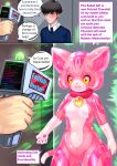 2024 4_fingers 5_fingers absurd_res anthro before_and_after bimboaudino black_hair blue_clothing blue_eyes blue_shirt blue_topwear blush breasts cat_detector_(meme) chocolat_(tetetor-oort) clothing collar dialogue dialogue_box disembodied_hand domestic_cat duo english_text featureless_breasts felid feline felis female fingers gender_transformation genitals glistening glistening_body hair hi_res holding_object human human_to_anthro humanoid_hands imminent_sex intelligence_loss latex latex_body latex_creature living_latex machine male mammal master medium_breasts mind_control mtf_transformation multicolored_body pawpads permanent_transformation petroid pink_body pink_hair pink_latex pussy red_collar robot shirt solo_focus species_transformation speech_bubble standing tail text topwear transformation two_tone_body white_body white_latex yellow_sclera