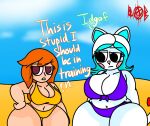 anthro big_breasts bikini bikini_bottom bikini_top black_eyes breasts brown_eyes clothing domestic_cat duo english_text felid feline felis female glitch_productions hair hi_res human karen_(smg4) mammal mb59740165 meggy_spletzer navel orange_hair smg4 swimwear text white_body white_hair