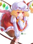  1girl artist_name ascot back_bow blonde_hair blush bow brown_thighhighs clenched_hand closed_mouth collared_shirt commentary_request crystal dress fingernails flandre_scarlet frills hair_between_eyes hand_up hat hat_bow highres holding holding_weapon juliet_sleeves laevatein_(touhou) leg_up long_sleeves looking_at_viewer mehibikiizuha mob_cap multicolored_wings nail_polish one_side_up orange_ascot pink_bow pointy_ears puffy_long_sleeves puffy_sleeves red_bow red_dress red_eyes red_footwear red_nails shirt shoes short_hair simple_background smile solo standing standing_on_one_leg thighhighs touhou weapon white_background white_headwear white_shirt wings 