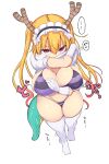  1girl bikini blonde_hair breasts cleavage cool-kyou_shinja dragon_girl dragon_horns dragon_tail gloves gradient_hair groin highres horns kobayashi-san_chi_no_maidragon large_breasts long_hair looking_at_viewer maid_headdress multicolored_hair navel orange_eyes plump red_eyes slit_pupils solo striped_bikini striped_clothes swimsuit tail thighhighs thighs tohru_(maidragon) twintails undressing white_gloves white_thighhighs 