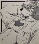 absurd_res anthro breast_pocket canid canine canis chest_tuft clothed clothing domestic_dog dress_shirt eyewear facial_hair fur glasses goatee grey_body grey_fur hair hi_res husky long_hair looking_at_viewer male mammal mitsuhisa_aotsuki morenatsu nordic_sled_dog open_clothing open_shirt open_topwear pecs run_aki shirt sideburns silver_hair soft_abs solo spitz topwear traditional_media_(artwork) tuft yellow_eyes