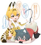  2girls :3 absurdres all_fours animal_ears bare_shoulders black_gloves black_hair black_pantyhose blonde_hair blue_eyes blush cat_ears cat_girl cat_tail chis_(js60216) elbow_gloves extra_ears fang gloves grey_shorts high-waist_skirt highres kaban_(kemono_friends) kemono_friends kemonomimi_mode multiple_girls no_shoes pantyhose patting print_gloves print_skirt print_thighhighs red_shirt role_reversal serval_(kemono_friends) serval_print shirt short_hair short_sleeves shorts skirt sleeveless speech_bubble squatting t-shirt tail thighhighs translated white_shirt yellow_eyes zettai_ryouiki 