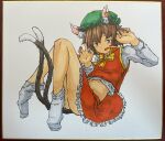  1girl absurdres animal_ear_fluff animal_ear_piercing animal_ears arms_up ass bare_legs brown_eyes brown_hair cat_ears cat_tail chagamaka chen claw_pose commentary_request earrings flat_chest frills full_body green_headwear half-closed_eyes hands_up hat highres jewelry knees_together_feet_apart long_sleeves looking_down loose_socks midriff mob_cap multiple_tails nail_polish navel nekomata no_shoes petticoat red_nails red_skirt red_vest short_hair single_earring skirt skirt_set socks solo tail touhou traditional_media two_tails vest white_socks 