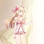  1girl alternate_costume babydoll bare_arms bare_shoulders blonde_hair chaos_marie_(grimms_notes) collarbone curtain_grab curtains gradient_hair grimms_notes hair_ribbon kaminaminamina multicolored_hair navel open_mouth pink_babydoll pink_eyes ribbon solo underwear 