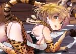  1girl absurdres aburaeoyaji all_fours animal_print ass back backless_outfit blonde_hair blush bow bowtie breasts brown_eyes corset double-parted_bangs elbow_gloves extra_ears flat_ass from_side gloves highres kemono_friends light_smile looking_at_viewer medium_hair miniskirt multicolored_hair open_mouth panties paw_pose print_bow print_bowtie print_gloves print_panties print_scarf print_skirt print_thighhighs scarf see-through_silhouette serval_(kemono_friends) serval_print shoulder_blades sideboob skirt solo thighhighs underwear 