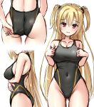  1girl absurdres adjusting_clothes adjusting_swimsuit arihara_nanami arm_support armpit_crease arms_at_sides arms_under_breasts ass ass_focus bare_arms bare_shoulders black_one-piece_swimsuit blonde_hair blush breasts closed_mouth collarbone commentary_request competition_swimsuit cover cover_page covered_navel cowboy_shot crossed_arms curvy eyes_visible_through_hair fingernails flower groin hair_between_eyes hair_flower hair_ornament head_out_of_frame head_tilt highleg highleg_swimsuit highres large_breasts long_hair looking_at_viewer multiple_views ncontrail_(mgax7527) official_alternate_costume official_alternate_hairstyle one-piece_swimsuit poolside red_eyes red_flower riddle_joker simple_background smile solo standing straight_hair swimsuit thighs tsurime twintails very_long_hair wading water white_background 