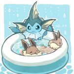  animal_focus blue_background blue_eyes bright_pupils brown_eyes closed_eyes dated eevee fins happy head_fins in_water konanbo no_humans open_mouth outline parted_lips pokemon pokemon_(creature) smile twitter_username vaporeon wading_pool water water_drop white_outline 