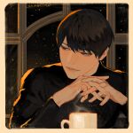  1boy backlighting black_eyes black_hair black_shirt blackbox_(blackbox9158) border cup kim_dokja lips long_sleeves looking_to_the_side male_focus mug omniscient_reader&#039;s_viewpoint own_hands_together shirt short_hair smile snowing solo steam 