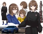  1girl absurdres arms_behind_back asamiya_mariko black_skirt black_socks black_sweater blue_eyes blue_footwear brown_hair car character_name closed_mouth english_commentary english_text highres holeecrab long_sleeves looking_at_viewer loose_socks motor_vehicle multiple_views nissan_s14_silvia nissan_silvia open_mouth original scratches shirt short_hair simple_background skirt smile socks sweater vehicle_name white_background yellow_shirt 