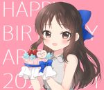  1girl blue_bow blue_flower blue_ribbon blush bow breasts brown_eyes brown_hair cake cream dot_nose flower food fruit grey_shirt hair_bow hair_ribbon hands_up happy_birthday highres holding holding_cake holding_food idolmaster idolmaster_cinderella_girls idolmaster_cinderella_girls_starlight_stage long_hair looking_at_viewer open_mouth pink_background ribbon shima(kanidess) shirt sleeveless sleeveless_shirt small_breasts smile solo strawberry tachibana_arisu 