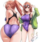  1girl arisugawa_natsuha breasts brown_eyes commission competition_swimsuit covered_navel cowboy_shot dated eyewear_on_head feet_out_of_frame green_jacket groin highleg highleg_swimsuit highres idolmaster idolmaster_shiny_colors jacket large_breasts light_brown_hair multiple_views one-piece_swimsuit pixiv_commission ponytail purple_one-piece_swimsuit signature simple_background standing striped_clothes striped_one-piece_swimsuit sunglasses swimsuit two-tone_swimsuit vertical-striped_clothes vertical-striped_one-piece_swimsuit white_background yoo_tenchi 