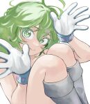 1girl boku_no_hero_academia boots colored_eyelashes commentary_request fengling_(furin-jp) gloves green_eyes green_hair grey_footwear hagakure_tooru highres knees_up looking_at_viewer nude short_hair smile solo white_gloves 