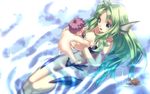  2010 agarest_senki agarest_senki_(series) baby bare_legs blue_eyes carrying company_name copyright_name fins from_above game_cg green_hair highres hirano_katsuyuki long_hair nude official_art partially_submerged purple_hair reverie_(agarest_senki) sitting smile strapless_bottom water 