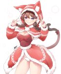  1girl absurdres animal_ears blue_eyes blush bow bowtie braid breasts cat_tail christmas fake_animal_ears highres hood medium_breasts minya_(nyanko_daisensou) nyanko_daisensou panties pantyshot signature smile tail thighs underwear user_ktrx7538 v white_background white_panties 