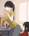  2girls :t big_sister_(navigavi) black_hair blush breasts cleavage closed_mouth collarbone commentary cookie cowboy_shot eating food grey_pants hair_ribbon highres holding holding_cookie holding_food indoors jam jar jun_(navigavi) kitchen little_sister_(navigavi) long_hair looking_up medium_breasts multiple_girls orange_eyes orange_ribbon original oven_mitts pants ponytail red_sweater ribbed_sweater ribbon shirt short_hair short_sleeves siblings sisters sparkling_eyes standing sweater tight_clothes tight_pants tray turtleneck turtleneck_sweater yellow_shirt 