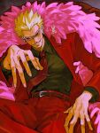  1boy artist_logo black_shirt blonde_hair coat coat_on_shoulders donquixote_doflamingo earrings fur_coat grin hair_slicked_back hand_up highres jacket jewelry long_sleeves male_focus necktie official_alternate_costume one_piece pants red-tinted_eyewear red_jacket red_necktie red_pants red_suit shirt short_hair sitting smile solo suit sunglasses tinted_eyewear vasan5555 