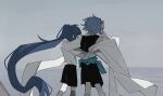  2boys akira_(male)_(mahoutsukai_no_yakusoku) aqua_jacket arm_around_neck arm_around_waist black_shorts black_vest blue_hair cape character_request check_character clothes_around_waist cloud cloudy_sky collared_shirt feet_out_of_frame from_behind grey_socks hand_on_own_head highres jacket jacket_around_waist kneehighs long_hair long_sleeves mahoutsukai_no_yakusoku male_focus multiple_boys ocean outdoors over-kneehighs oz_(mahoutsukai_no_yakusoku) ponytail shirt shorts sky socks thighhighs tiankong_yiji very_long_hair vest white_cape white_shirt white_sleeves white_socks yaoi 