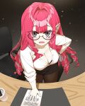  1girl absurdres baobhan_sith_(fate) black_skirt breasts brown_pantyhose cleavage collarbone collared_shirt fate/grand_order fate_(series) glasses grey_eyes highres hyperbudd large_breasts long_hair long_sleeves looking_at_viewer office_lady open_mouth pantyhose pencil_skirt pink_hair pointy_ears shirt sidelocks skirt solo white_shirt 