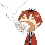 1boy absurdres belt black_belt black_hair black_shirt cigarette coat commentary full_mouth gentlemen_(meme) hair_between_eyes highres male_focus meme multicolored_hair open_clothes open_coat orange_eyes red_coat red_hair roots_(hair) shirt short_hair simple_background smoke smoking solo sousou_no_frieren stark_(sousou_no_frieren) too_many_cigarettes too_many_in_mouth two-tone_hair upper_body white_background xyanaid 