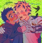  2boys aikawa_(dorohedoro) bandaid bandaid_on_cheek bandaid_on_face black_hair blonde_hair blush cheek-to-cheek colored_tips couple dorohedoro facial_mark grin heads_together heart heart_hands highres looking_at_viewer male_focus medium_sideburns meme multicolored_hair multiple_boys no_eyebrows one_eye_closed risu_(dorohedoro) smile taffypointby thick_eyebrows upper_body yaoi yeah_we_gay_keep_scrolling_(meme) 