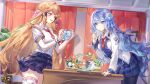  2girls artemis_(benghuai_xueyuan) benghuai_xueyuan blonde_hair blue_eyes blue_hair brown_eyes copyright_name flower hair_flower hair_ornament hecate_(benghuai_xueyuan) highres honkai_(series) logo long_hair multiple_girls official_art school_uniform second-party_source skirt 