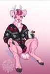 anthro antlers avian-king biped bulge countershade_fur countershade_neck countershading deer eyebrows fur hair hi_res hooves horn looking_at_viewer male mammal pink_body pink_fur scut_tail short_tail solo tail tongue tongue_out