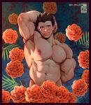  1boy abs bara black_hair blush boku_no_hero_academia closed_mouth commission completely_nude flower highres ibispaint_(medium) jezz_mons_art large_pectorals looking_at_viewer male_focus muscular muscular_male navel nipples nude orange_flower pectorals satou_rikidou short_hair smile solo twitter_username veins veiny_arms 