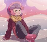  1girl cloud commentary english_commentary green_eyes highres long_hair long_sleeves multicolored_hair my_little_pony my_little_pony:_equestria_girls my_little_pony:_friendship_is_magic pants rockset scarf shoes sitting smile snow solo sweetie_belle 