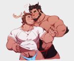  2boys antlers bara beard beard_stubble black_male_swimwear black_nails blue_male_swimwear body_fur bulge cheschirebacon couple curled_horns demon_boy eye_contact facial_hair fang full_beard hairy hand_on_another&#039;s_hand heart highres holding_hands horns large_pectorals lifted_by_self long_sideburns looking_at_another male_focus male_pubic_hair male_swimwear mature_male monster_boy multiple_boys muscular muscular_male one_eye_closed original pectorals pubic_hair reindeer_antlers short_hair sideburns sideburns_stubble skin_fang solid_oval_eyes swim_briefs thick_beard thick_chest_hair thick_eyebrows thick_navel_hair white_background yaoi 