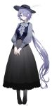  1girl absurdres alternate_costume arknights ascot black_footwear black_headwear black_skirt blue_vest commentary english_commentary full_body grey_ascot grey_shirt hair_over_one_eye hat hat_feather high-waist_skirt highres long_hair long_sleeves purple_eyes purple_hair shirt signature simple_background sketch skirt solo very_long_hair vest whisperain_(arknights) white_background xooku 