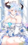  1girl blue_hair breasts brown_eyes cleavage detached_sleeves draph dress flower granblue_fantasy hair_flower hair_ornament hat highres horns izmir kyousa38 large_breasts long_hair mole mole_under_mouth pointy_ears smile snowflake_hair_ornament twitter_username white_dress 