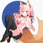  1girl animal_ear_fluff animal_ears arkchsky black_scrunchie black_thighhighs blush bra breasts cleavage closed_mouth collarbone commentary fang fate/extra fate/extra_ccc fate/grand_order fate_(series) fox_ears fox_girl fox_tail hand_on_own_chest hood hoodie jacket large_breasts long_hair looking_at_viewer official_alternate_costume open_clothes open_jacket pink_bra pink_hair pink_hoodie scrunchie skin_fang smile solo striped_clothes striped_hoodie striped_jacket tail tamamo_(fate) tamamo_no_mae_(fate/extra) tamamo_no_mae_(spring_casual)_(fate) thighhighs underwear yellow_eyes 