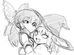  bow detached_sleeves greyscale hair_bow hair_tubes hakurei_reimu hat hug kirisame_marisa long_hair monochrome multiple_girls sketch space_jin touhou witch_hat 