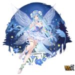  1girl artemis_(benghuai_xueyuan) bandaged_leg bandages bare_shoulders barefoot benghuai_xueyuan blue_eyes blue_hair breasts choker cleavage copyright_name flower full_body hair_flower hair_ornament honkai_(series) insect_wings logo long_hair night official_art sky solo star_(sky) starry_sky third-party_source transparent_background tree wings 
