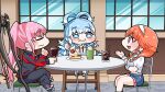  3girls ahoge blue_eyes blue_hair braid breasts cake cake_slice chibi closed_eyes crop_top cup drinking_glass earrings eating family father_and_son feather_earrings feathers food fork hairband highres holding hololive hololive_english hololive_indonesia jacket jewelry kobo_kanaeru kobo_kanaeru_(1st_costume) komainu_channel long_hair midriff mori_calliope mori_calliope_(streetwear) mother_and_daughter multicolored_clothes multicolored_hair multicolored_jacket multiple_girls navel official_alternate_costume open_mouth pants pink_hair ponytail red_jacket shirt sitting skirt smile strawberry_shortcake streaked_hair sweatpants takanashi_kiara takanashi_kiara_(casual) two-tone_hair two-tone_jacket virtual_youtuber white_hairband wine_glass 