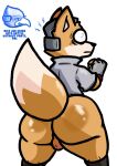 2024 anthro balls big_butt butt canid canine clothing dialogue digital_drawing_(artwork) digital_media_(artwork) falco_lombardi fingerless_gloves fox fox_mccloud genitals gloves handwear hi_res lewdewott male mammal narrowed_eyes nintendo open_mouth raised_tail rear_view shocked_expression simple_background standing star_fox tail thick_thighs white_background