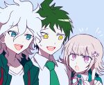  1girl 2boys :d :o ahoge collarbone collared_shirt danganronpa_(series) danganronpa_2:_goodbye_despair green_hair green_jacket green_necktie grey_hair hair_between_eyes highres hinata_hajime jacket komaeda_nagito looking_at_another medium_hair multiple_boys nanami_chiaki neck_ribbon necktie notice_lines open_clothes open_jacket pink_eyes pink_ribbon pointing pointing_at_viewer ribbon shirt short_hair smile teeth todoroki_gk2 upper_teeth_only white_shirt yellow_eyes 