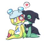 &lt;3 amphibian anthro blush clothing duo eyes_closed kissing kissing_cheek lying male male/male mammal mekeke one_eye_closed putata sgt._frog smile speech_bubble teeth